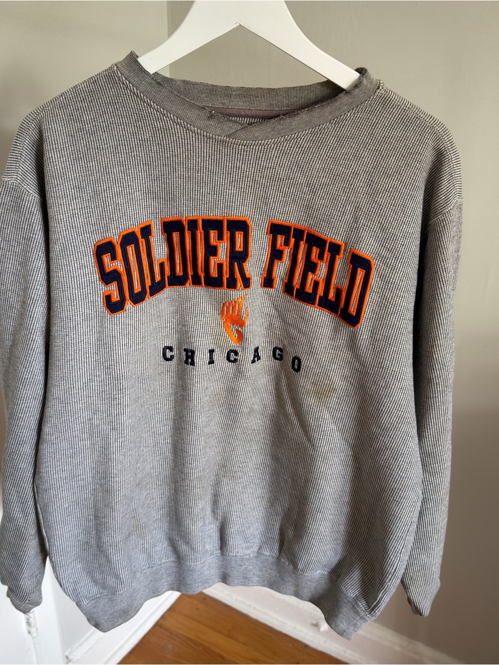 Soldier Field Chicago Bears Gray Crewneck Sweatshirt with Orange/Navy Embroidery
